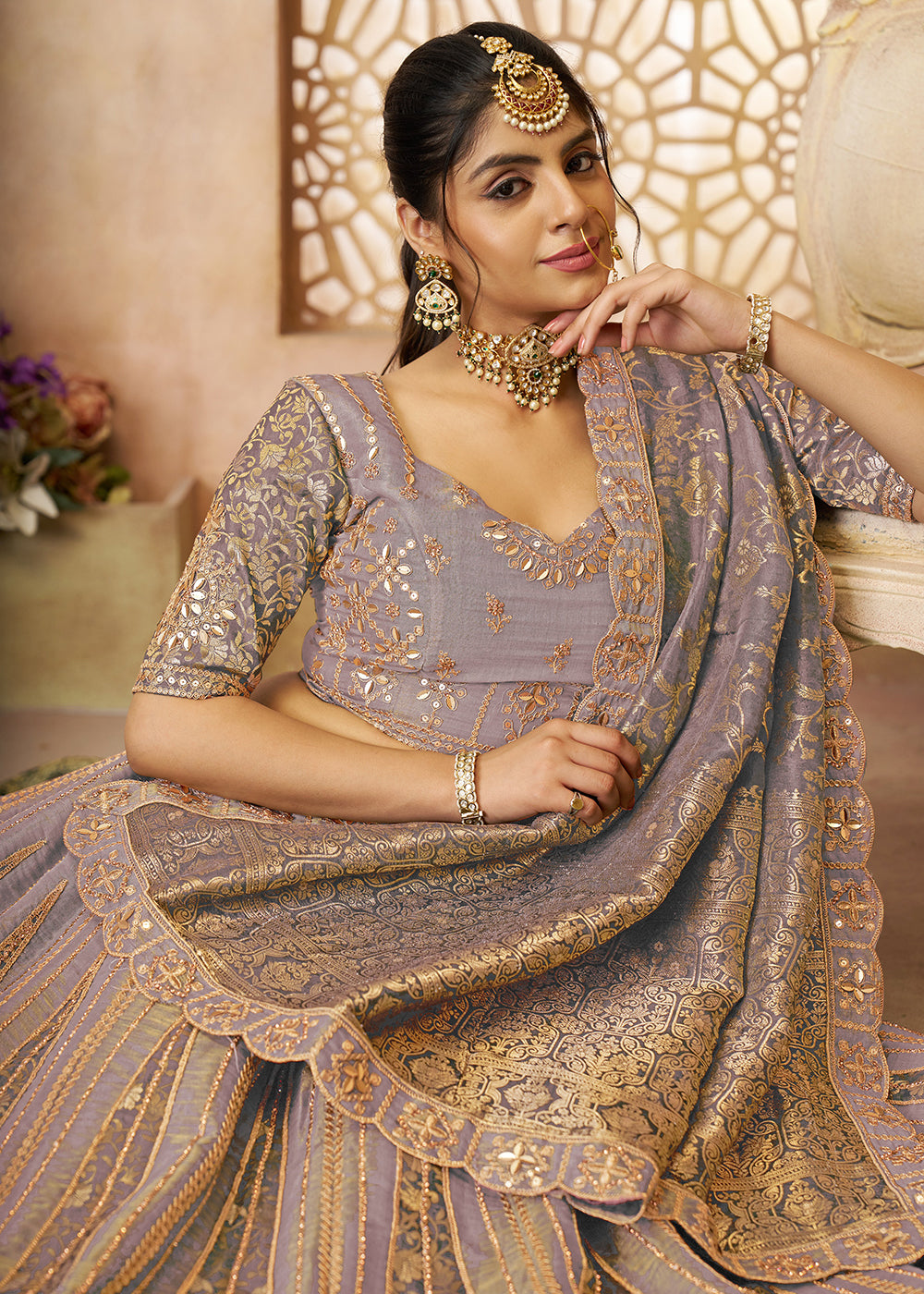 Buy Now Mauve Tissue Net Heavy Embroidered Bridal Lehenga Choli Online in USA, UK, Canada, France, Italy, Germany, Austria, UAE & Worldwide at Empress Clothing.