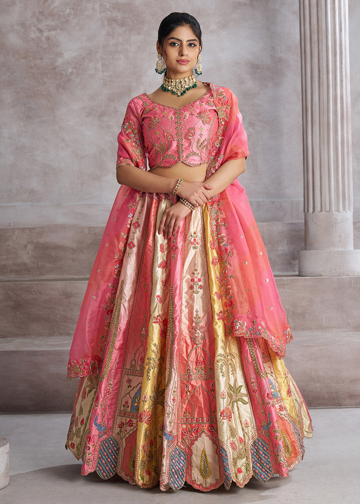 Buy Now Multicolor Pink Banarasi Silk Traditional Wedding Lehenga Choli Online in USA, UK, Canada, France, Italy, Germany, UAE & Worldwide at Empress Clothing.