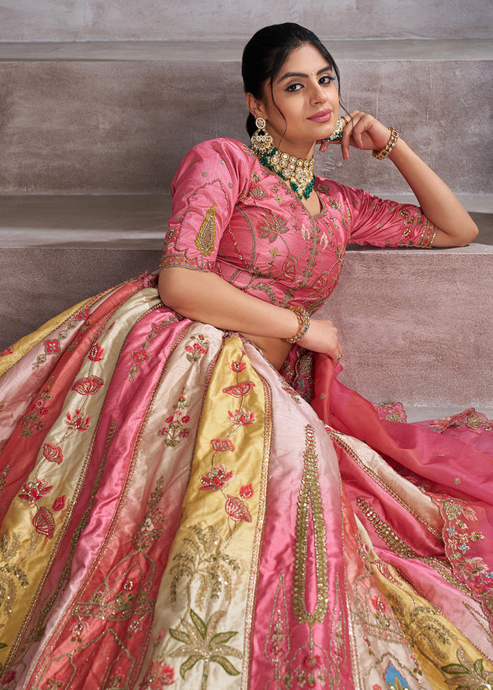 Buy Now Multicolor Pink Banarasi Silk Traditional Wedding Lehenga Choli Online in USA, UK, Canada, France, Italy, Germany, UAE & Worldwide at Empress Clothing.