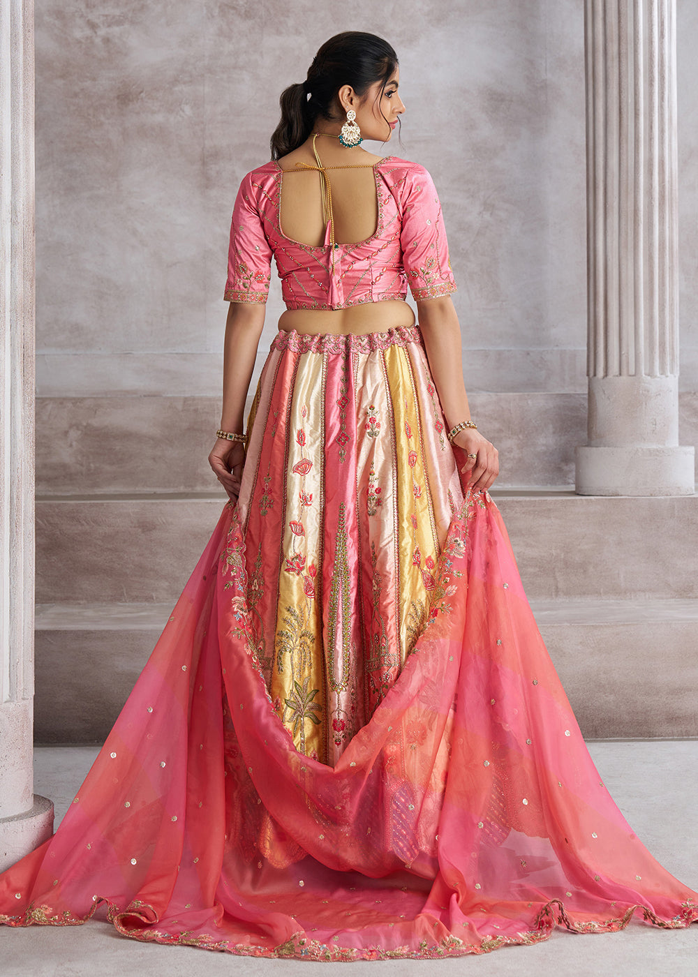 Buy Now Multicolor Pink Banarasi Silk Traditional Wedding Lehenga Choli Online in USA, UK, Canada, France, Italy, Germany, UAE & Worldwide at Empress Clothing.