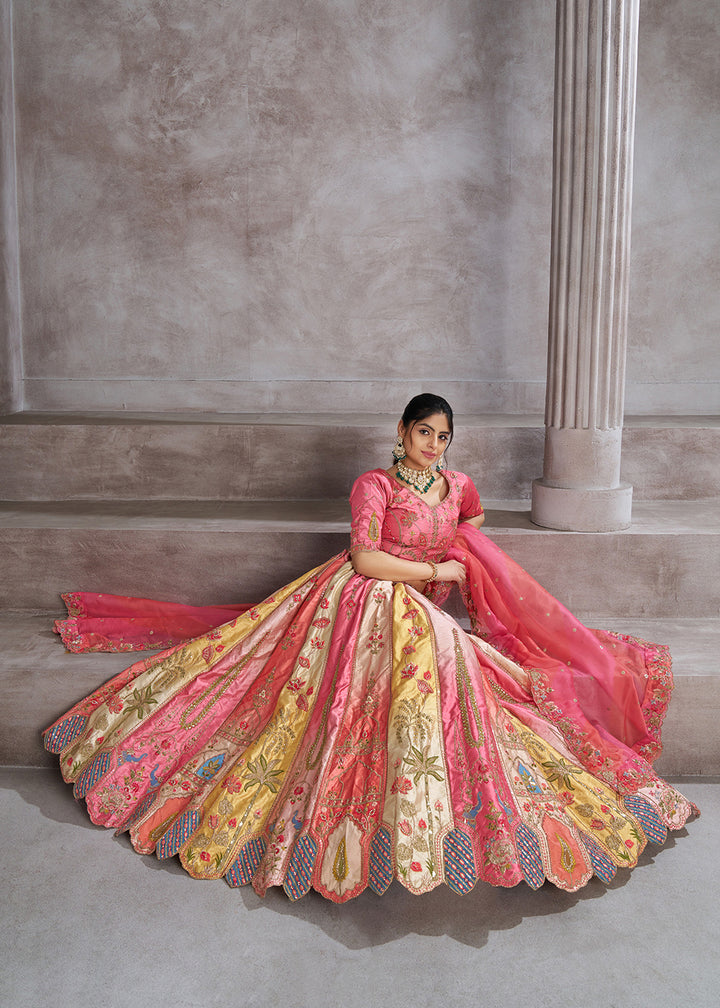 Buy Now Multicolor Pink Banarasi Silk Traditional Wedding Lehenga Choli Online in USA, UK, Canada, France, Italy, Germany, UAE & Worldwide at Empress Clothing.