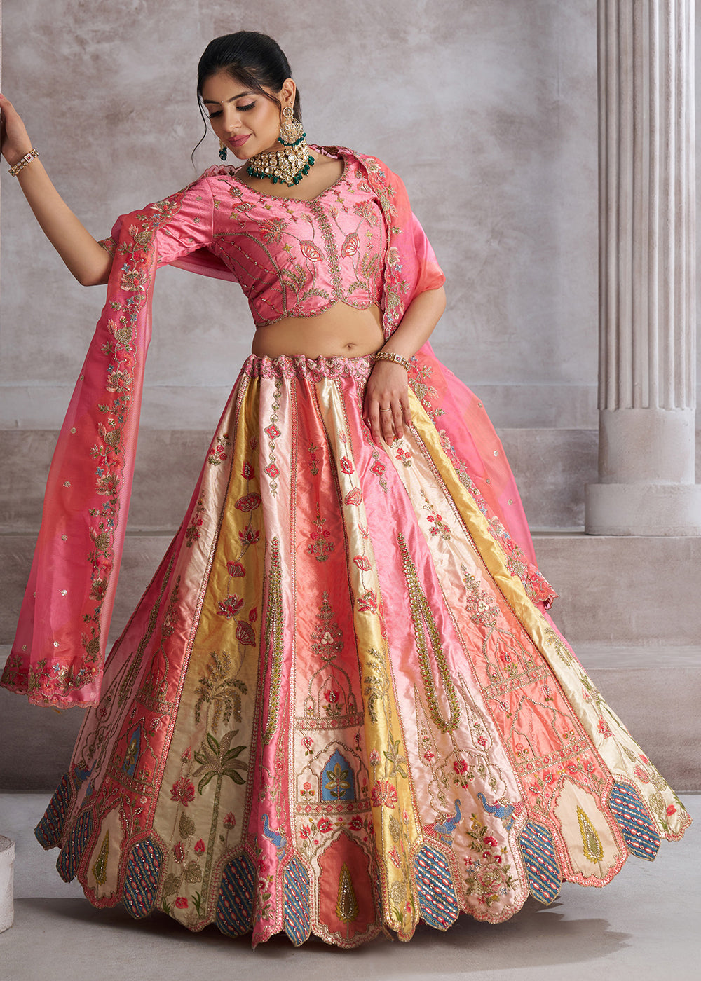 Buy Now Multicolor Pink Banarasi Silk Traditional Wedding Lehenga Choli Online in USA, UK, Canada, France, Italy, Germany, UAE & Worldwide at Empress Clothing.