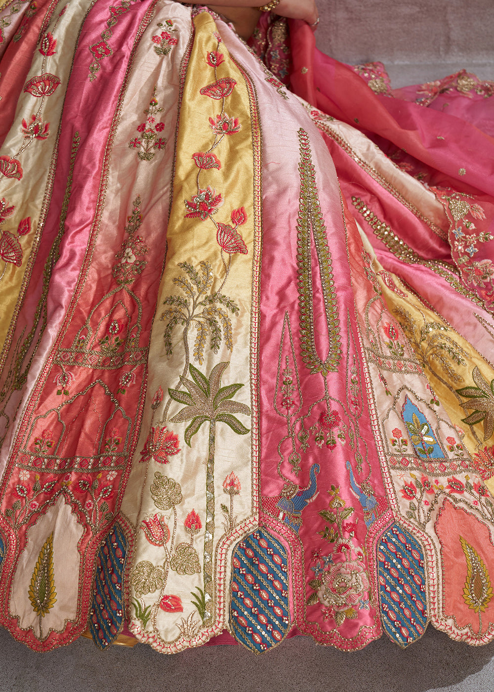 Buy Now Multicolor Pink Banarasi Silk Traditional Wedding Lehenga Choli Online in USA, UK, Canada, France, Italy, Germany, UAE & Worldwide at Empress Clothing.