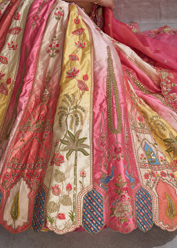 Buy Now Multicolor Pink Banarasi Silk Traditional Wedding Lehenga Choli Online in USA, UK, Canada, France, Italy, Germany, UAE & Worldwide at Empress Clothing.