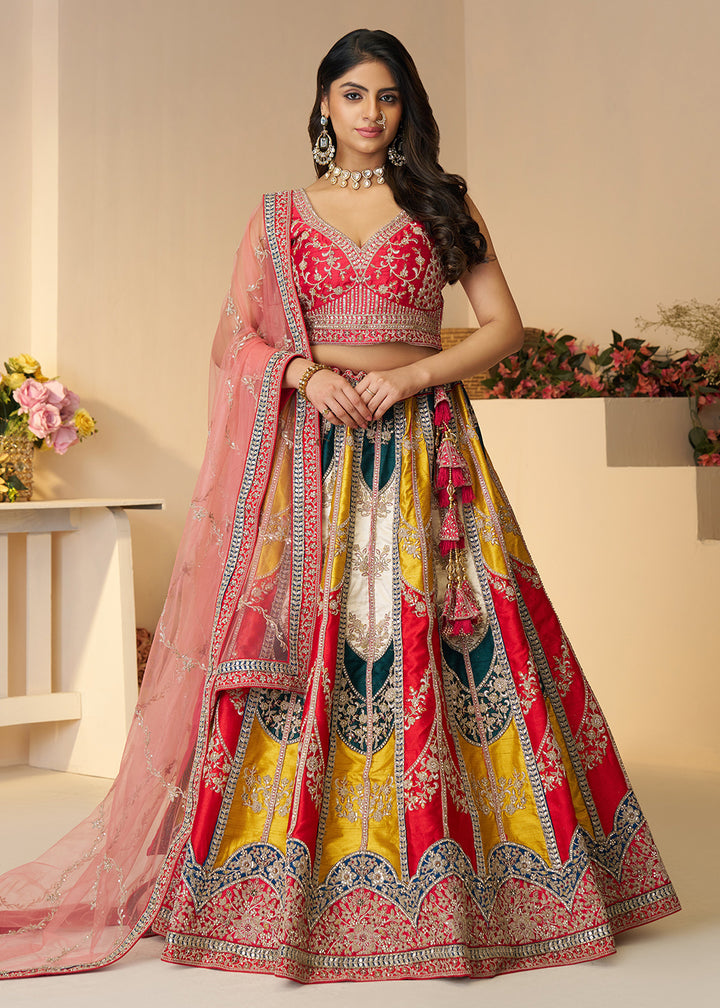 Buy Now Multicolor Silk Embroidered Bridal Haldi Wear Lehenga Choli Online in USA, UK, Canada, France, Italy, Germany, UAE & Worldwide at Empress Clothing.