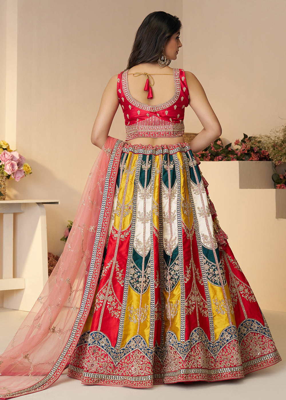 Buy Now Multicolor Silk Embroidered Bridal Haldi Wear Lehenga Choli Online in USA, UK, Canada, France, Italy, Germany, UAE & Worldwide at Empress Clothing.