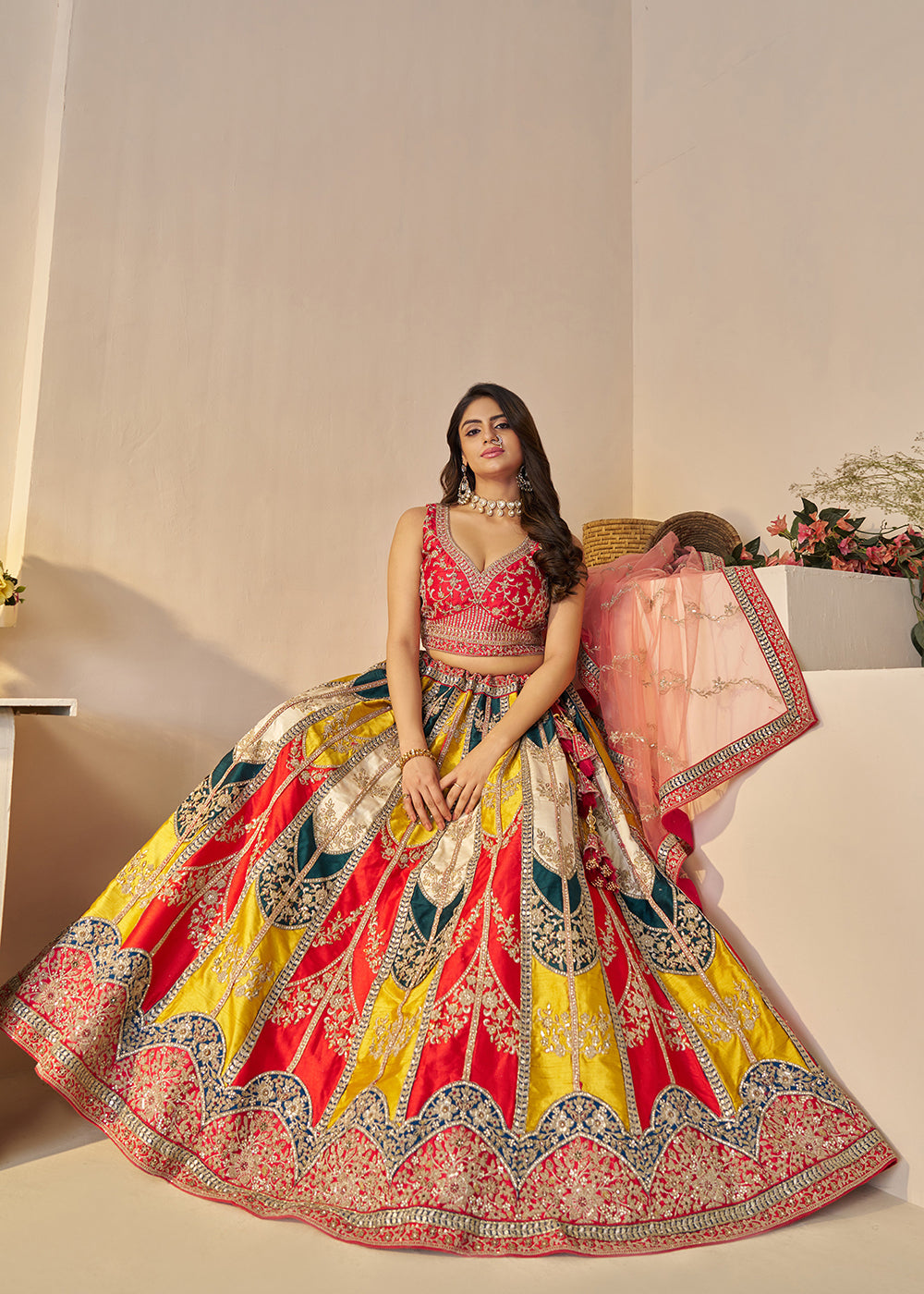 Buy Now Multicolor Silk Embroidered Bridal Haldi Wear Lehenga Choli Online in USA, UK, Canada, France, Italy, Germany, UAE & Worldwide at Empress Clothing.
