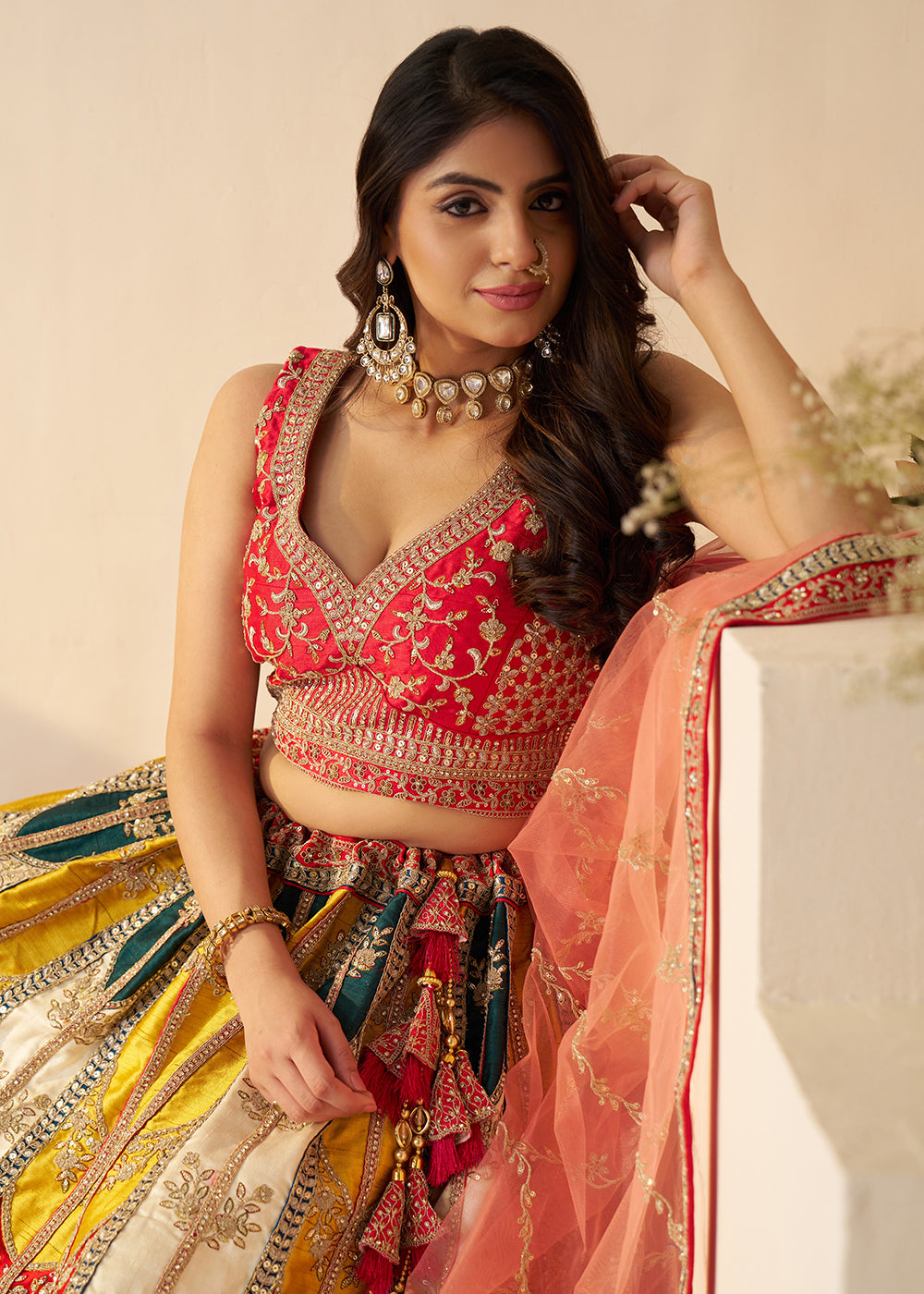 Buy Now Multicolor Silk Embroidered Bridal Haldi Wear Lehenga Choli Online in USA, UK, Canada, France, Italy, Germany, UAE & Worldwide at Empress Clothing.