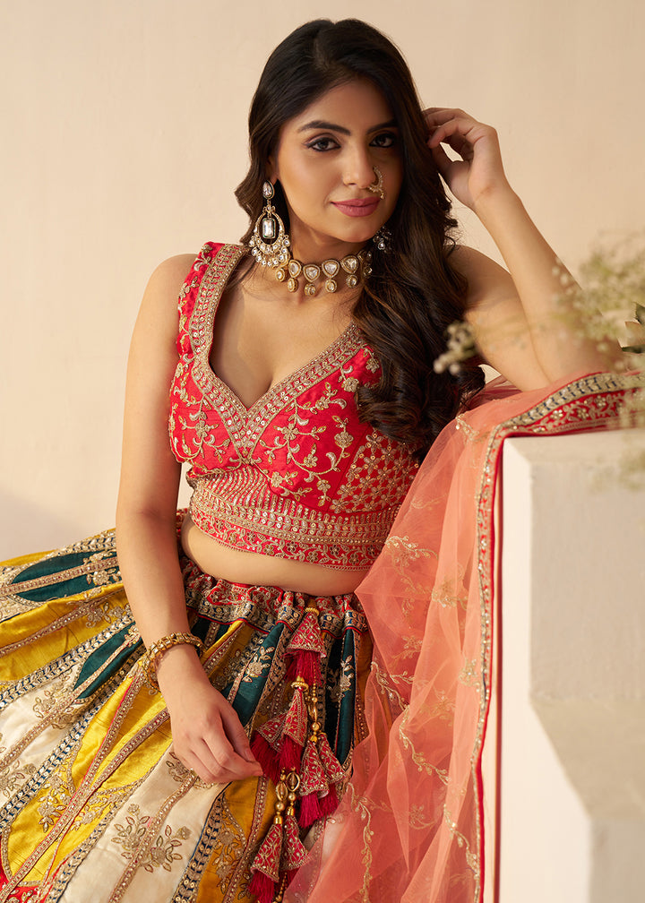Buy Now Multicolor Silk Embroidered Bridal Haldi Wear Lehenga Choli Online in USA, UK, Canada, France, Italy, Germany, UAE & Worldwide at Empress Clothing.