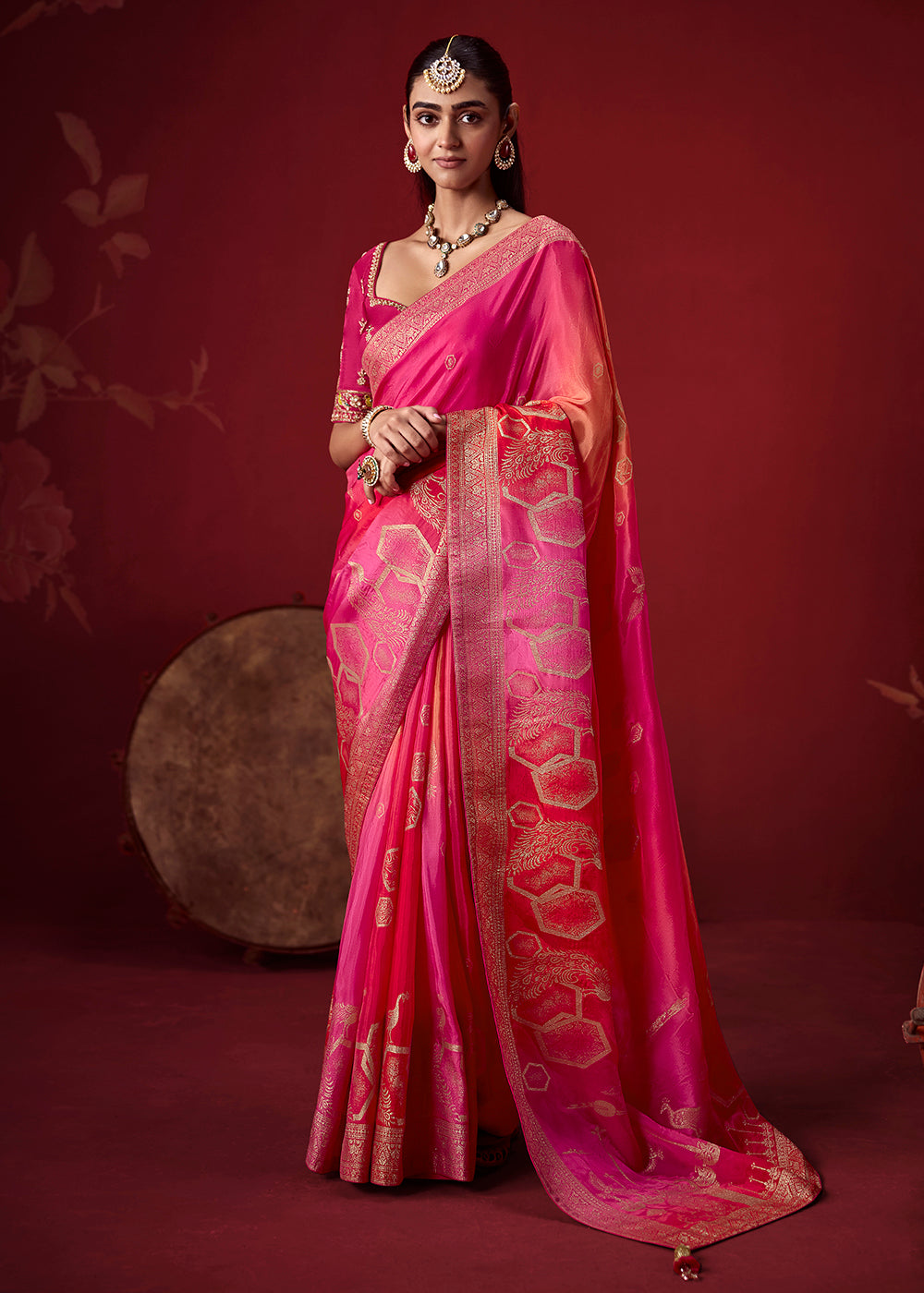 Buy Now Rich Shaded Pink Dola Crape Silk Festive Designer Saree Online in US, UK, Canada, France, Germany, Denmark, Sweden, Austria, UAE &amp; Worldwide at Empress.