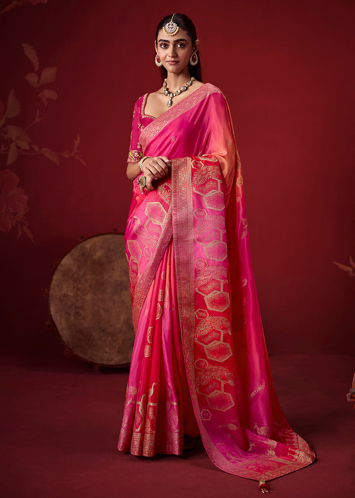 Buy Now Rich Shaded Pink Dola Crape Silk Festive Designer Saree Online in US, UK, Canada, France, Germany, Denmark, Sweden, Austria, UAE &amp; Worldwide at Empress.