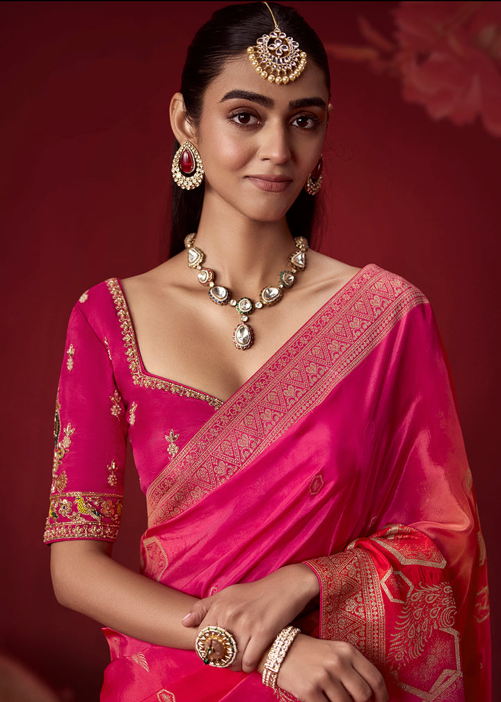Buy Now Rich Shaded Pink Dola Crape Silk Festive Designer Saree Online in US, UK, Canada, France, Germany, Denmark, Sweden, Austria, UAE &amp; Worldwide at Empress.