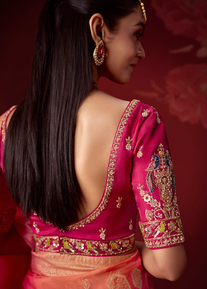 Buy Now Rich Shaded Pink Dola Crape Silk Festive Designer Saree Online in US, UK, Canada, France, Germany, Denmark, Sweden, Austria, UAE &amp; Worldwide at Empress.