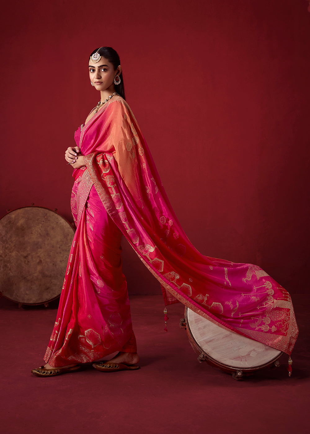 Buy Now Rich Shaded Pink Dola Crape Silk Festive Designer Saree Online in US, UK, Canada, France, Germany, Denmark, Sweden, Austria, UAE &amp; Worldwide at Empress.