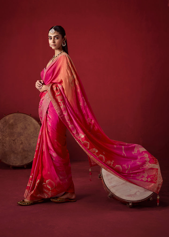 Buy Now Rich Shaded Pink Dola Crape Silk Festive Designer Saree Online in US, UK, Canada, France, Germany, Denmark, Sweden, Austria, UAE &amp; Worldwide at Empress.