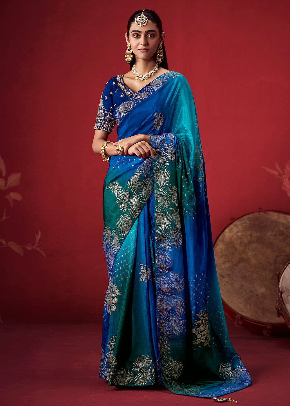 Buy Now Rich Shaded Blue Dola Crape Silk Festive Designer Saree Online in US, UK, Canada, France, Germany, Denmark, Sweden, Austria, UAE & Worldwide at Empress.
