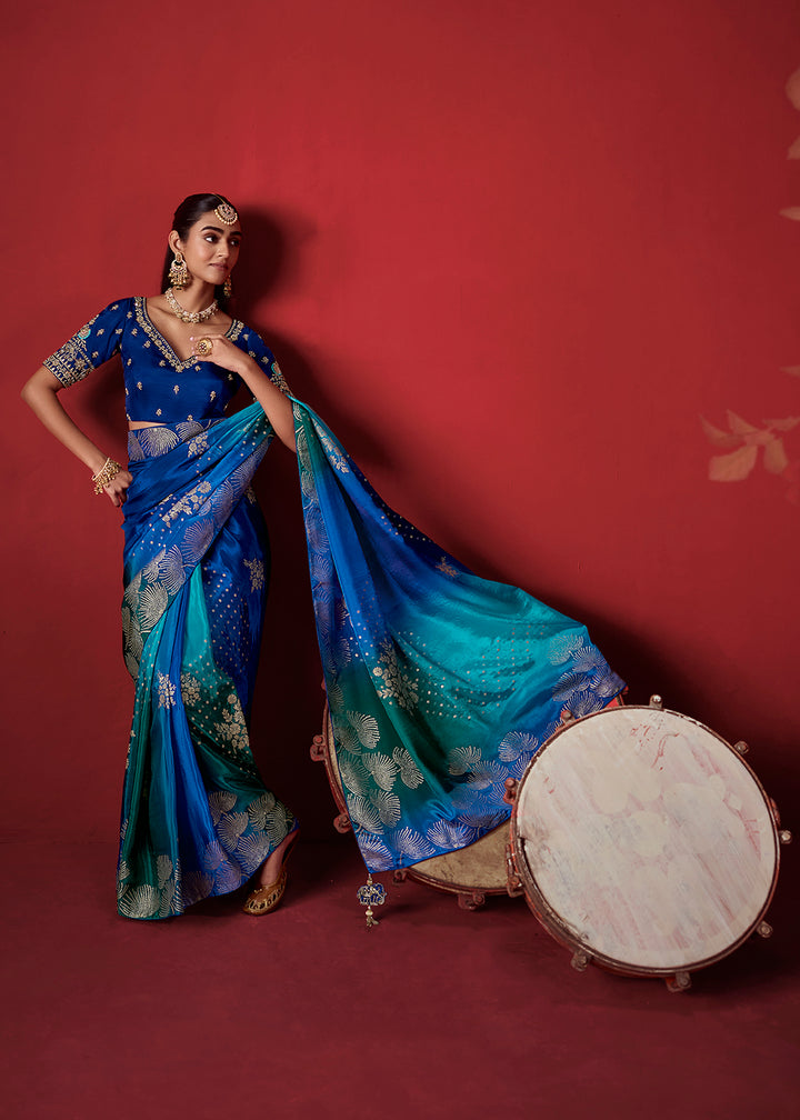 Buy Now Rich Shaded Blue Dola Crape Silk Festive Designer Saree Online in US, UK, Canada, France, Germany, Denmark, Sweden, Austria, UAE &amp; Worldwide at Empress.