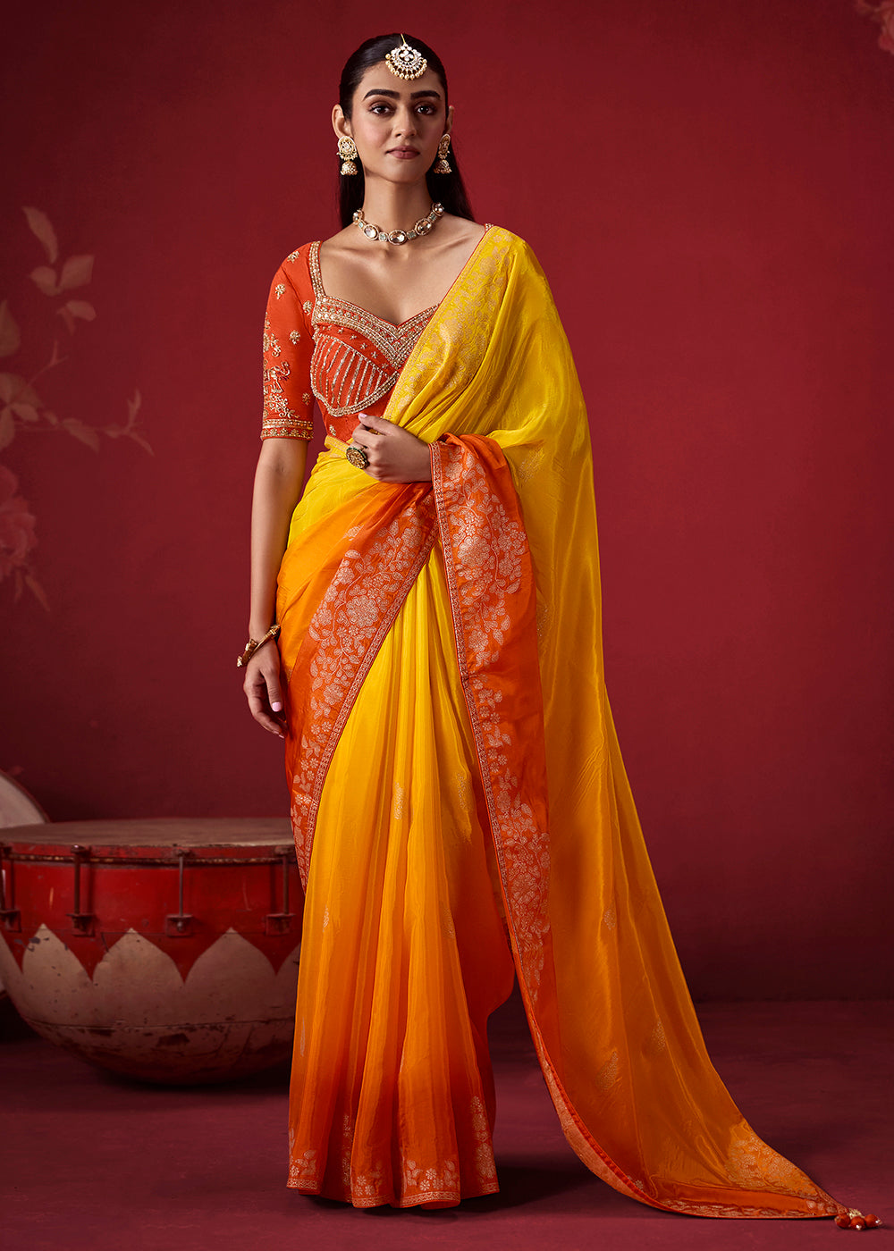 Buy Now Rich Yellow & Orange Dola Crape Silk Festive Designer Saree Online in US, UK, Canada, France, Germany, Denmark, Sweden, Austria & Worldwide at Empress.