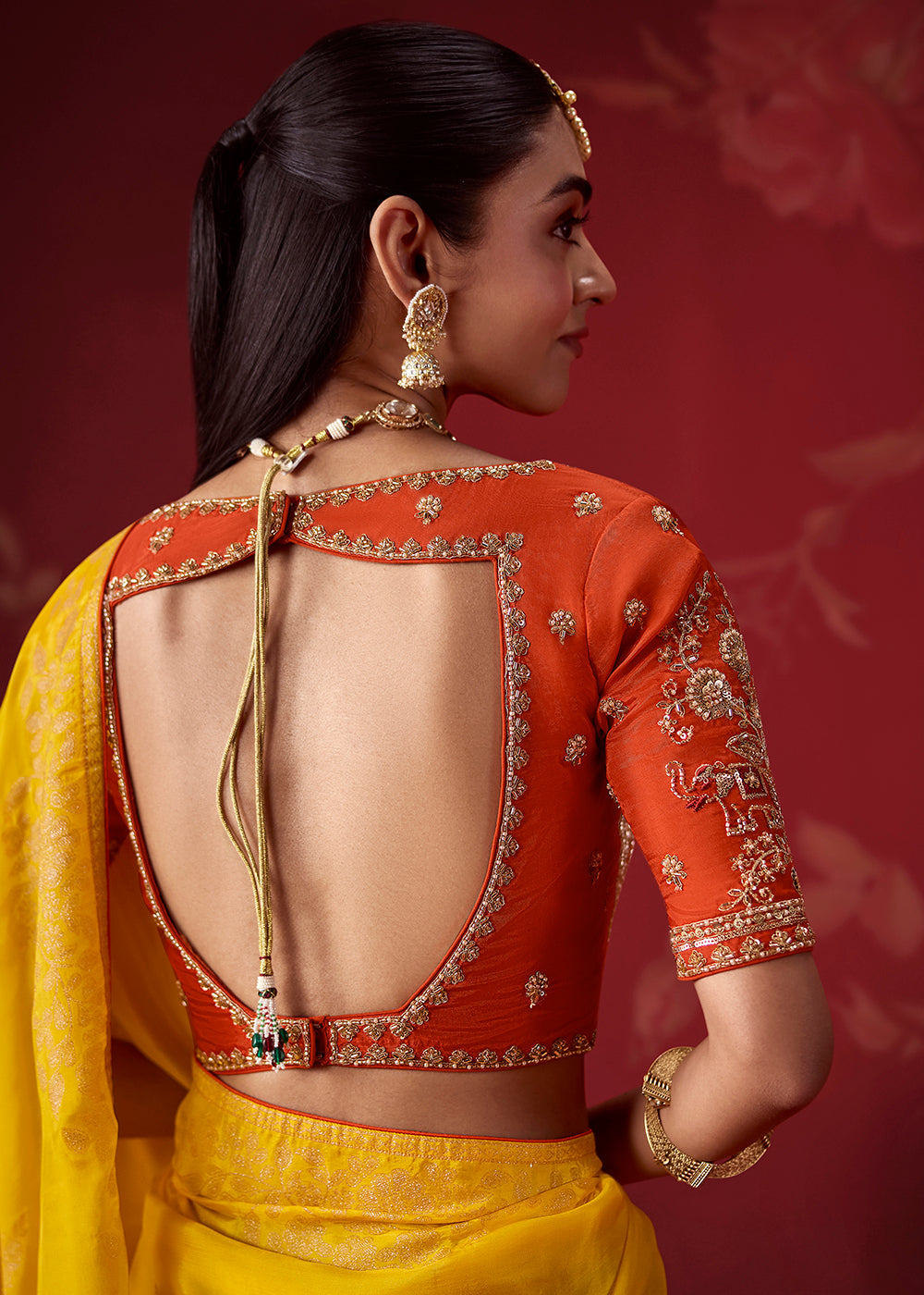 Buy Now Rich Yellow &amp; Orange Dola Crape Silk Festive Designer Saree Online in US, UK, Canada, France, Germany, Denmark, Sweden, Austria &amp; Worldwide at Empress.