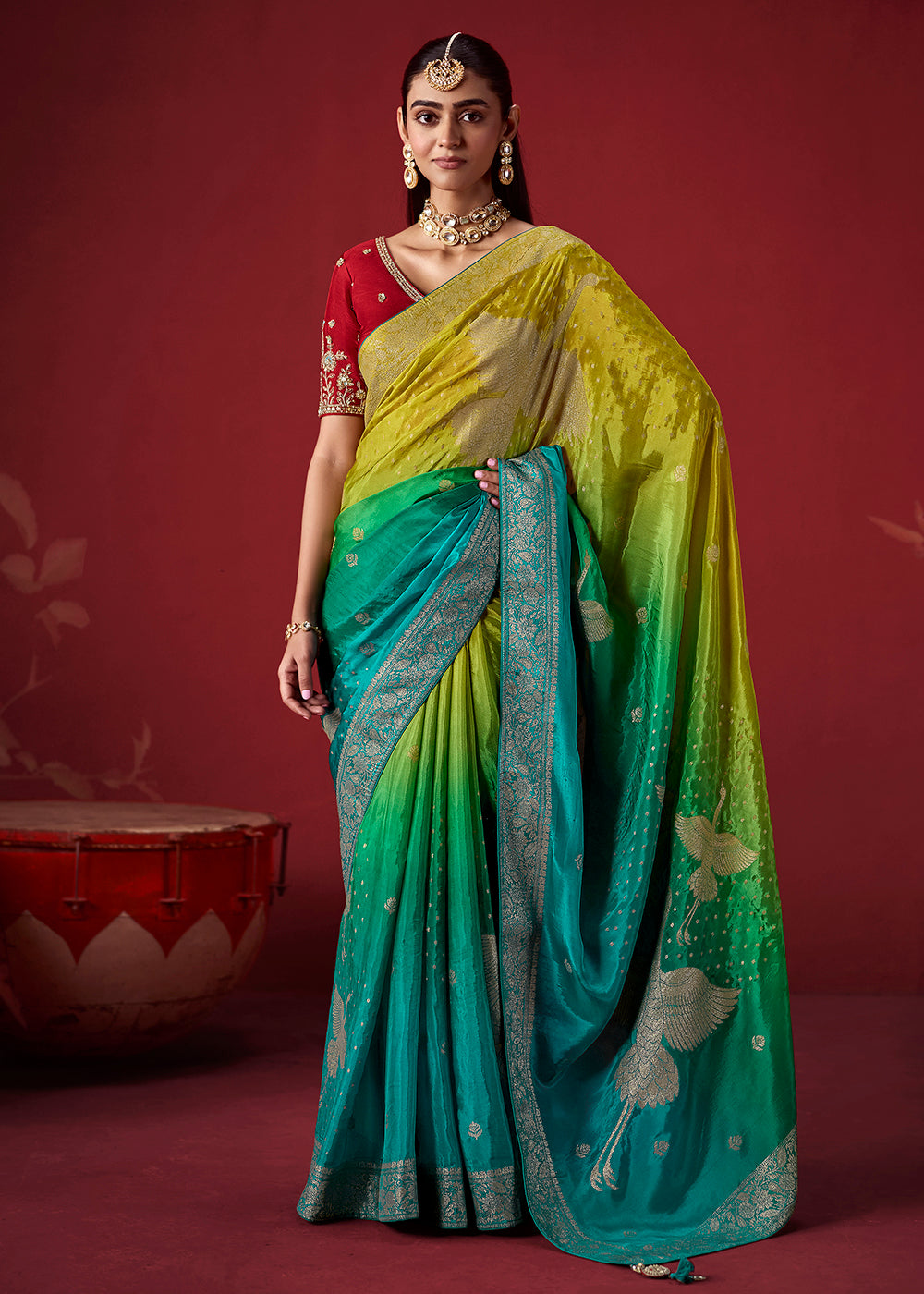 Buy Now Rich Teal & Green Dola Crape Silk Festive Designer Saree Online in US, UK, Canada, France, Germany, Denmark, Sweden, Austria & Worldwide at Empress.