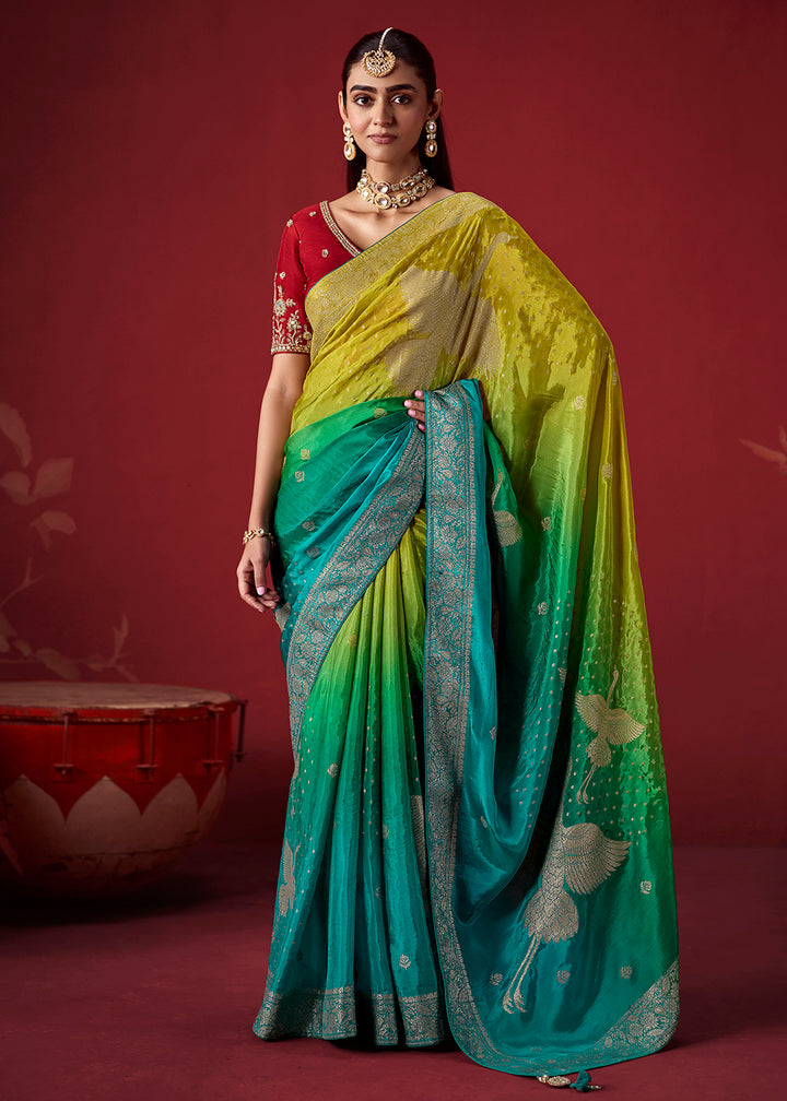 Buy Now Rich Teal &amp; Green Dola Crape Silk Festive Designer Saree Online in US, UK, Canada, France, Germany, Denmark, Sweden, Austria &amp; Worldwide at Empress.