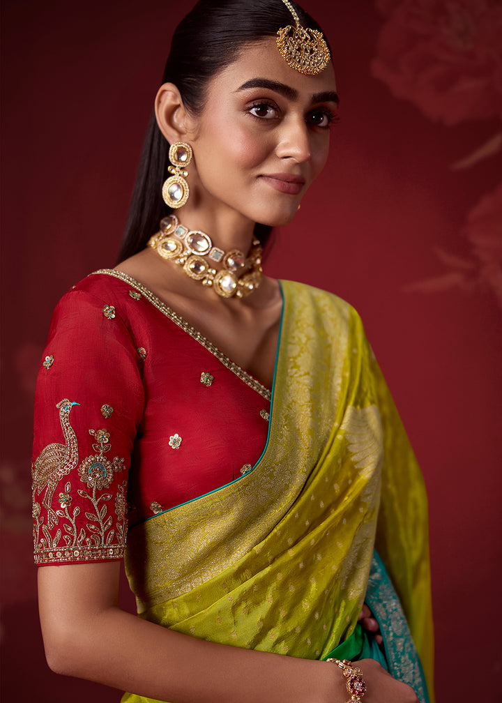 Buy Now Rich Teal &amp; Green Dola Crape Silk Festive Designer Saree Online in US, UK, Canada, France, Germany, Denmark, Sweden, Austria &amp; Worldwide at Empress.