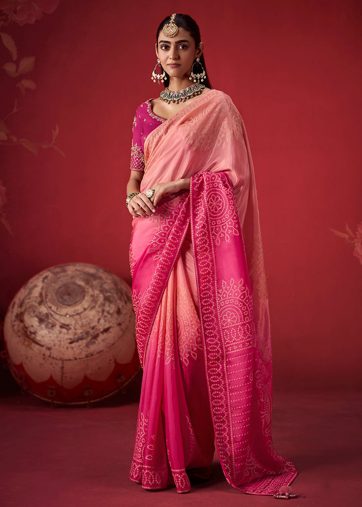 Buy Now Rich Peach &amp; Pink Dola Crape Silk Festive Designer Saree Online in US, UK, Canada, France, Germany, Denmark, Sweden, Austria &amp; Worldwide at Empress.