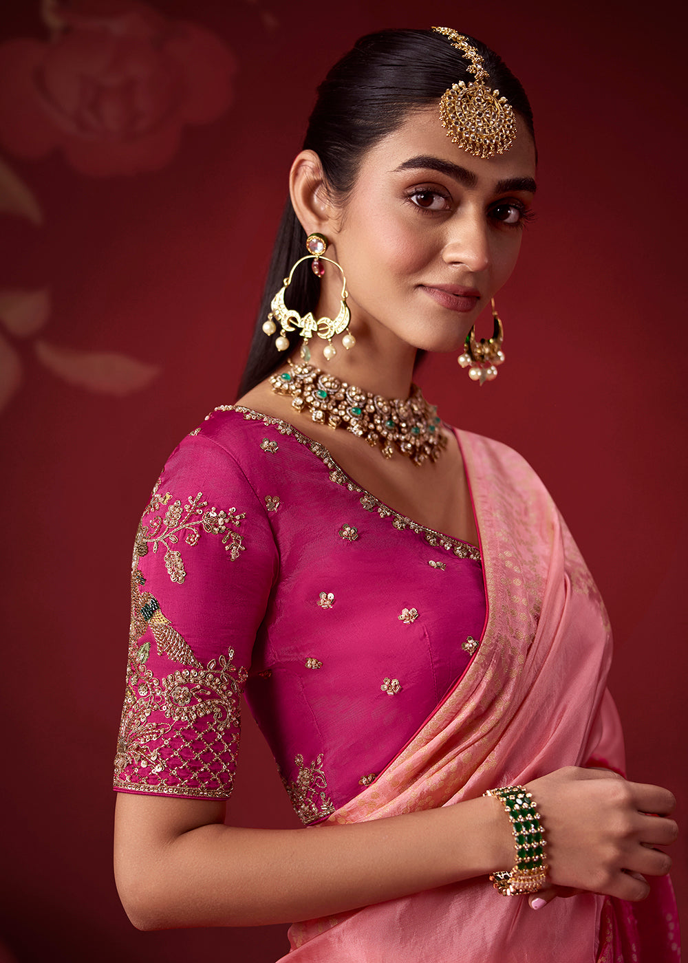 Buy Now Rich Peach & Pink Dola Crape Silk Festive Designer Saree Online in US, UK, Canada, France, Germany, Denmark, Sweden, Austria & Worldwide at Empress.