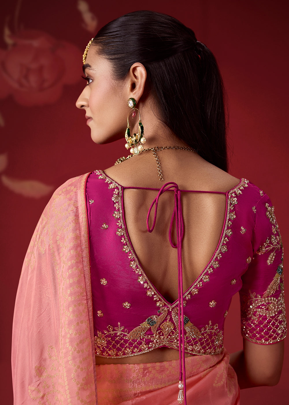 Buy Now Rich Peach &amp; Pink Dola Crape Silk Festive Designer Saree Online in US, UK, Canada, France, Germany, Denmark, Sweden, Austria &amp; Worldwide at Empress.