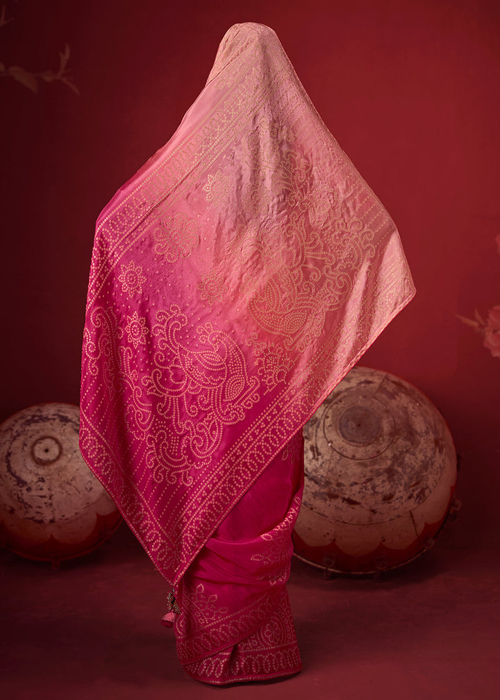 Buy Now Rich Peach &amp; Pink Dola Crape Silk Festive Designer Saree Online in US, UK, Canada, France, Germany, Denmark, Sweden, Austria &amp; Worldwide at Empress.