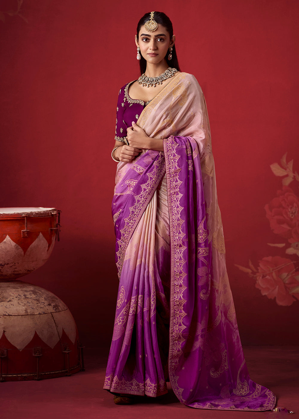Buy Now Rich Purple & Lilac Dola Crape Silk Festive Designer Saree Online in US, UK, Canada, France, Germany, Denmark, Sweden, Austria & Worldwide at Empress.