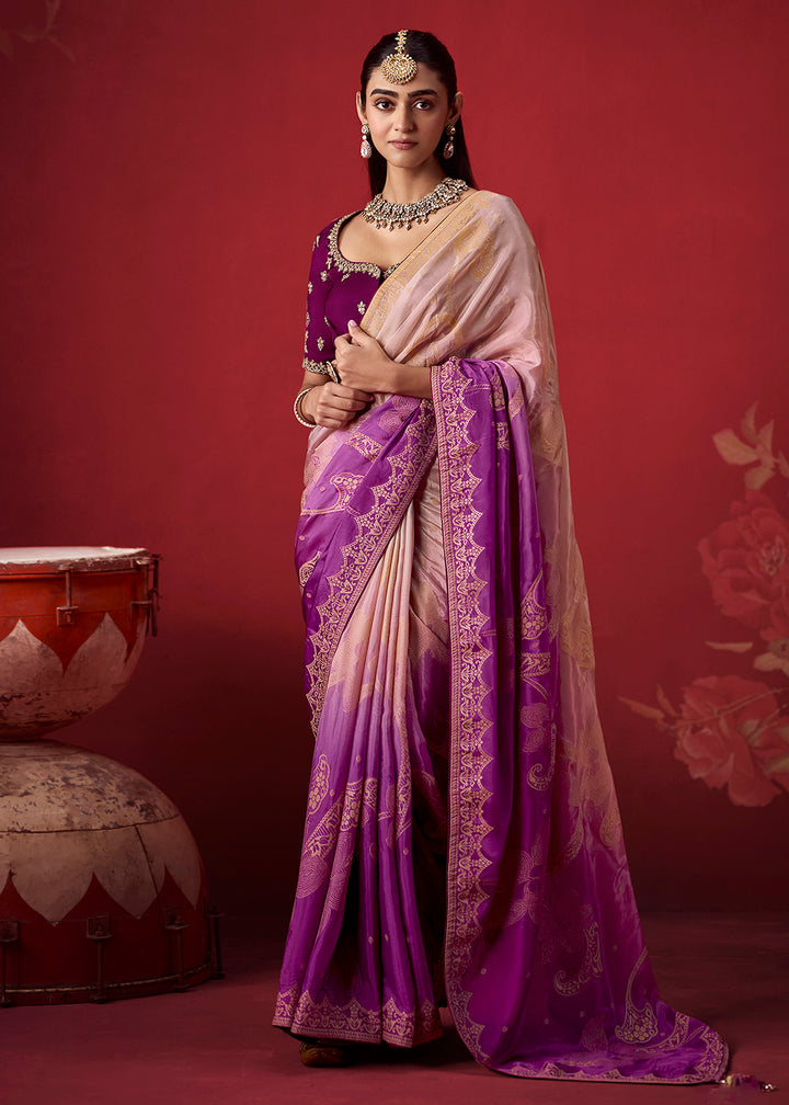Buy Now Rich Purple &amp; Lilac Dola Crape Silk Festive Designer Saree Online in US, UK, Canada, France, Germany, Denmark, Sweden, Austria &amp; Worldwide at Empress.