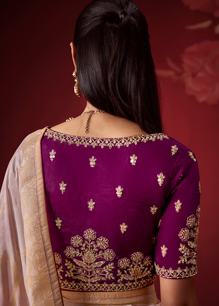 Buy Now Rich Purple &amp; Lilac Dola Crape Silk Festive Designer Saree Online in US, UK, Canada, France, Germany, Denmark, Sweden, Austria &amp; Worldwide at Empress.
