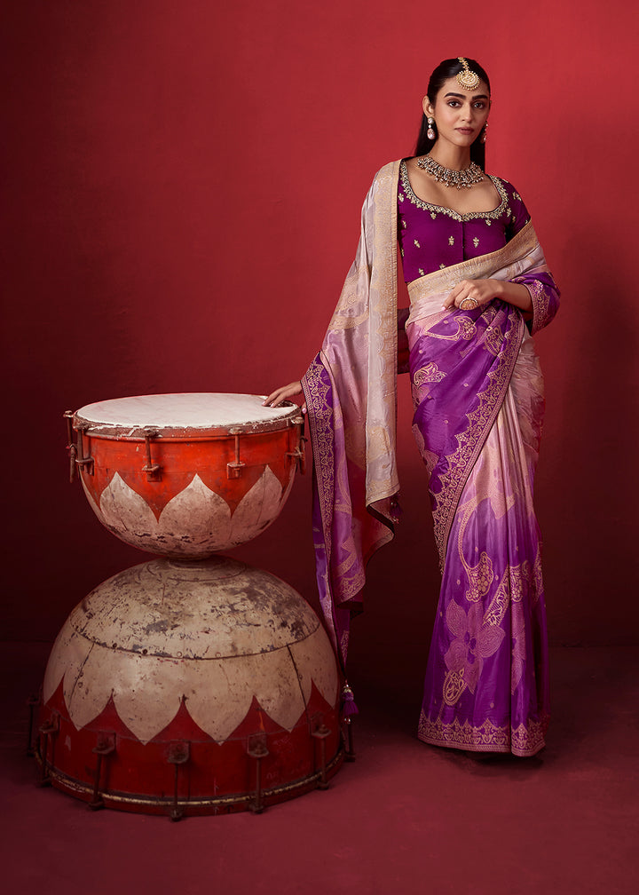 Buy Now Rich Purple &amp; Lilac Dola Crape Silk Festive Designer Saree Online in US, UK, Canada, France, Germany, Denmark, Sweden, Austria &amp; Worldwide at Empress.
