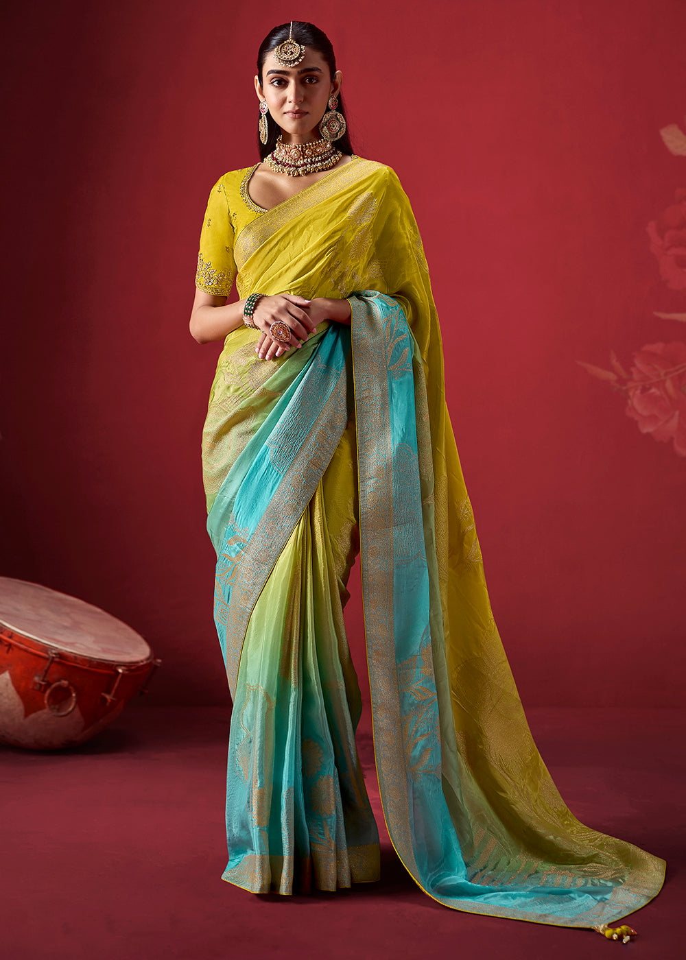 Buy Now Rich Aqua & Green Dola Crape Silk Festive Designer Saree Online in US, UK, Canada, France, Germany, Denmark, Sweden, Austria & Worldwide at Empress.