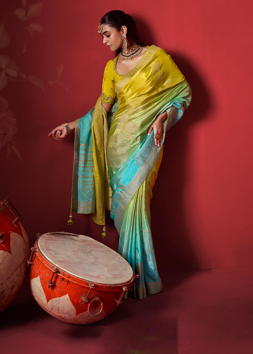 Buy Now Rich Aqua &amp; Green Dola Crape Silk Festive Designer Saree Online in US, UK, Canada, France, Germany, Denmark, Sweden, Austria &amp; Worldwide at Empress.