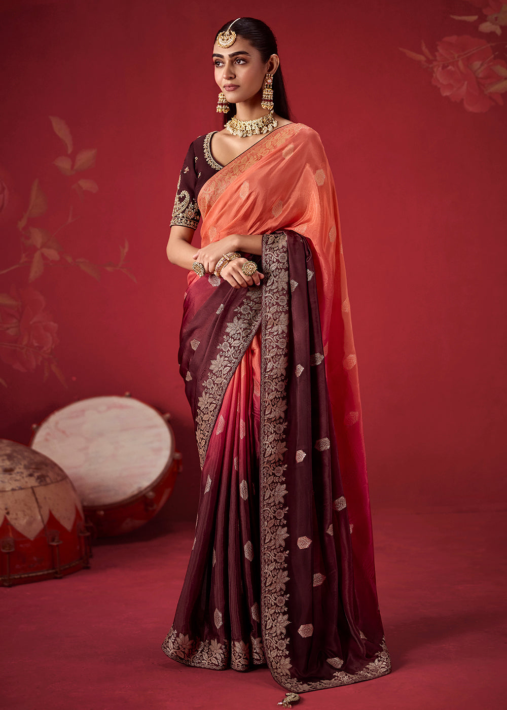 Buy Now Rich Wine & Peach Dola Crape Silk Festive Designer Saree Online in US, UK, Canada, France, Germany, Denmark, Sweden, Austria & Worldwide at Empress.