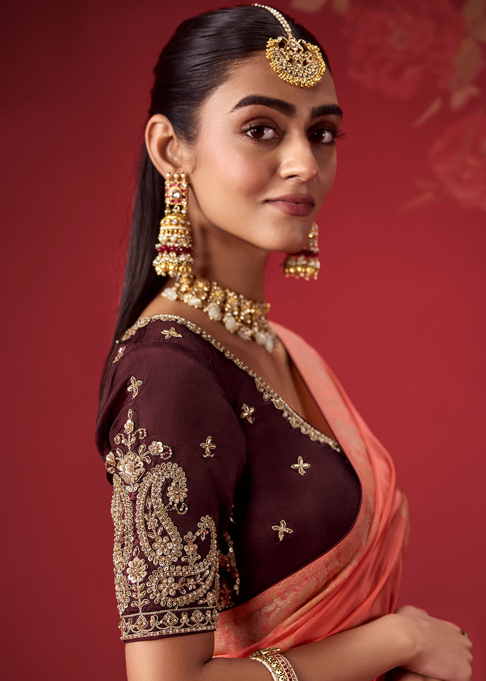Buy Now Rich Wine & Peach Dola Crape Silk Festive Designer Saree Online in US, UK, Canada, France, Germany, Denmark, Sweden, Austria & Worldwide at Empress.