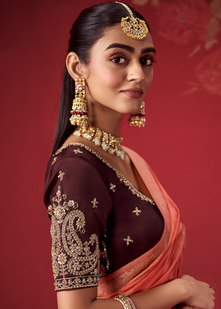 Buy Now Rich Wine &amp; Peach Dola Crape Silk Festive Designer Saree Online in US, UK, Canada, France, Germany, Denmark, Sweden, Austria &amp; Worldwide at Empress.