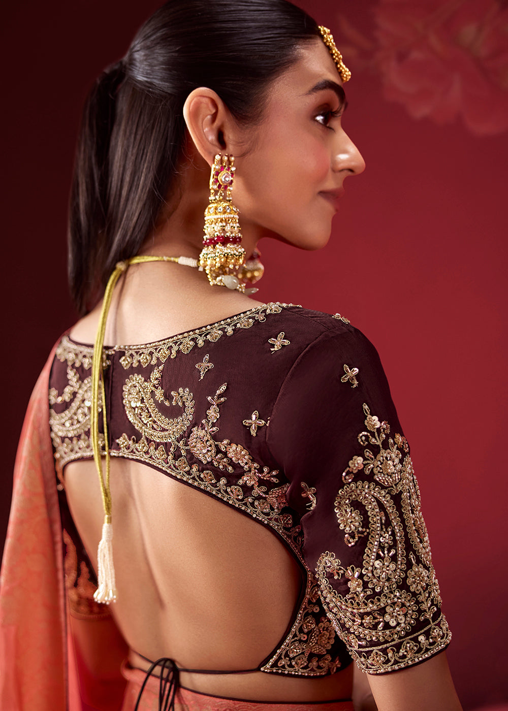 Buy Now Rich Wine &amp; Peach Dola Crape Silk Festive Designer Saree Online in US, UK, Canada, France, Germany, Denmark, Sweden, Austria &amp; Worldwide at Empress.