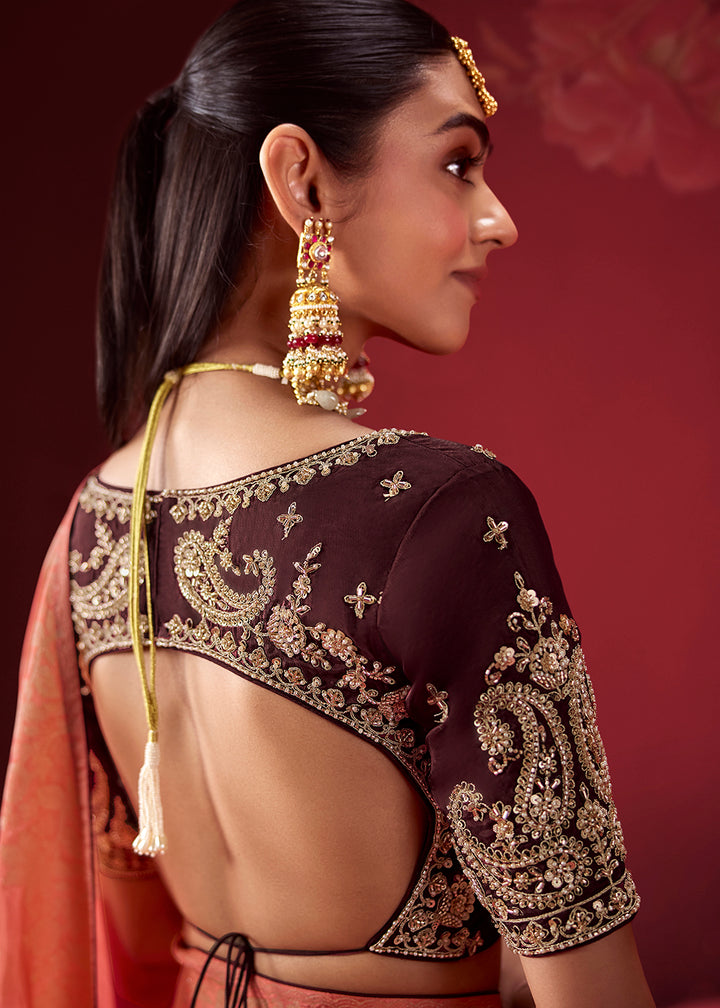 Buy Now Rich Wine &amp; Peach Dola Crape Silk Festive Designer Saree Online in US, UK, Canada, France, Germany, Denmark, Sweden, Austria &amp; Worldwide at Empress.