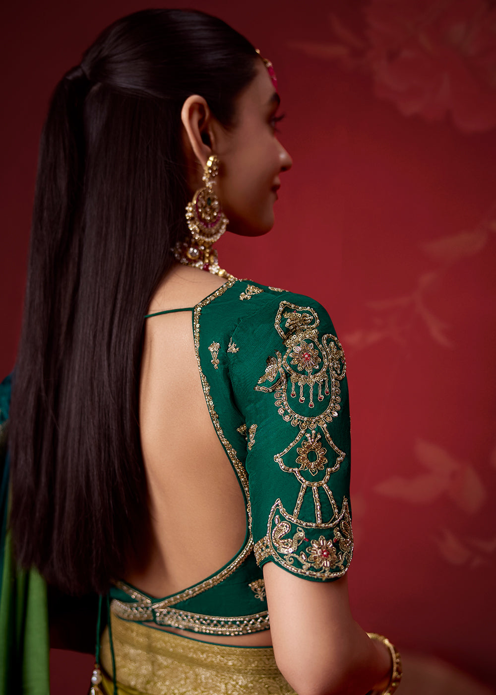 Buy Now Rich Dark Green Dola Crape Silk Festive Designer Saree Online in US, UK, Canada, France, Germany, Denmark, Sweden, Austria & Worldwide at Empress.