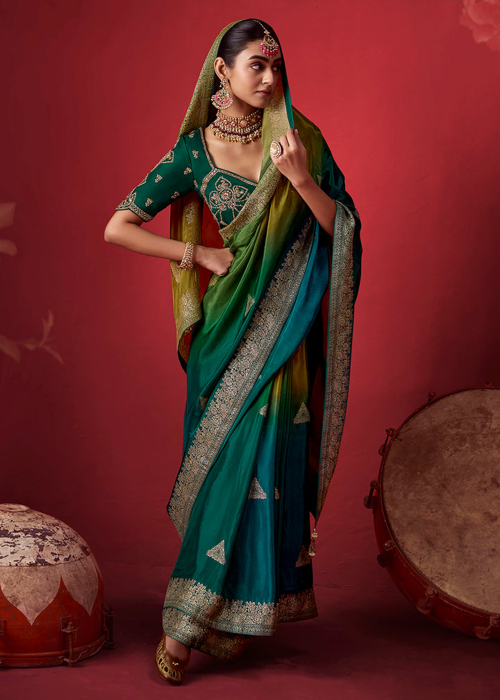 Buy Now Rich Dark Green Dola Crape Silk Festive Designer Saree Online in US, UK, Canada, France, Germany, Denmark, Sweden, Austria &amp; Worldwide at Empress.