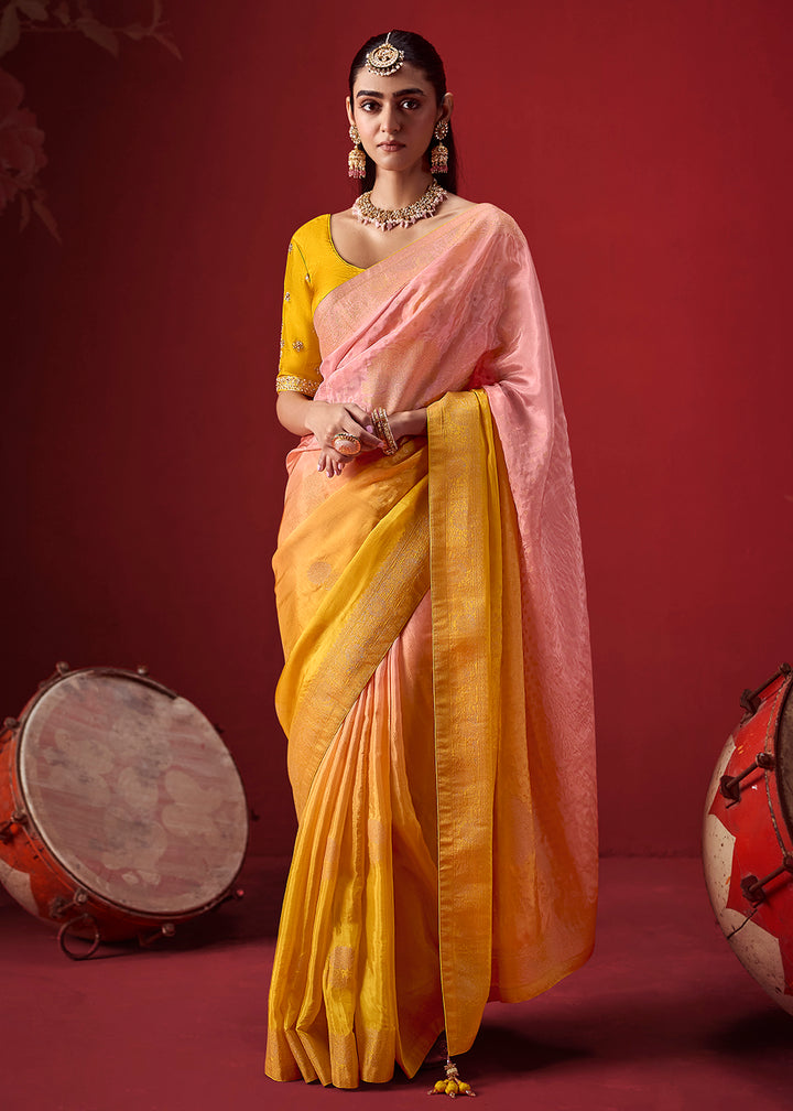 Buy Now Rich Yellow &amp; Pink Dola Crape Silk Festive Designer Saree Online in US, UK, Canada, France, Germany, Denmark, Sweden, Austria &amp; Worldwide at Empress.