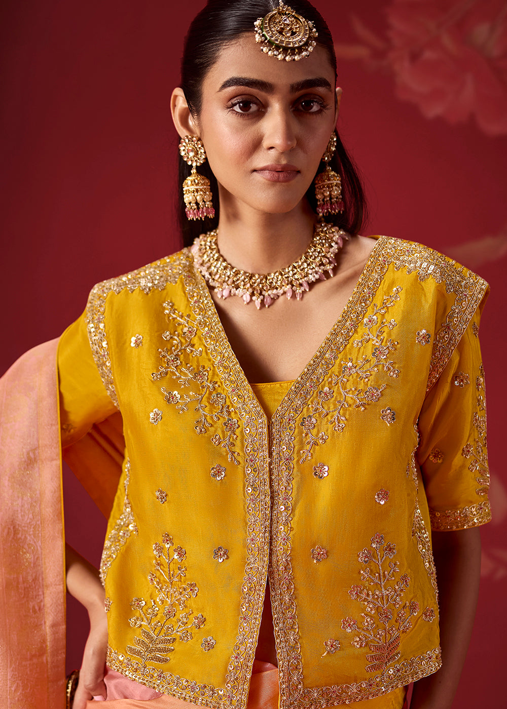 Buy Now Rich Yellow & Pink Dola Crape Silk Festive Designer Saree Online in US, UK, Canada, France, Germany, Denmark, Sweden, Austria & Worldwide at Empress.