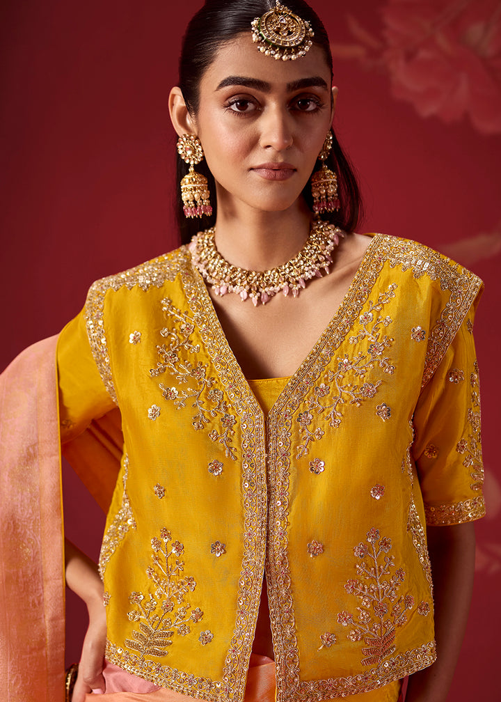 Buy Now Rich Yellow &amp; Pink Dola Crape Silk Festive Designer Saree Online in US, UK, Canada, France, Germany, Denmark, Sweden, Austria &amp; Worldwide at Empress.