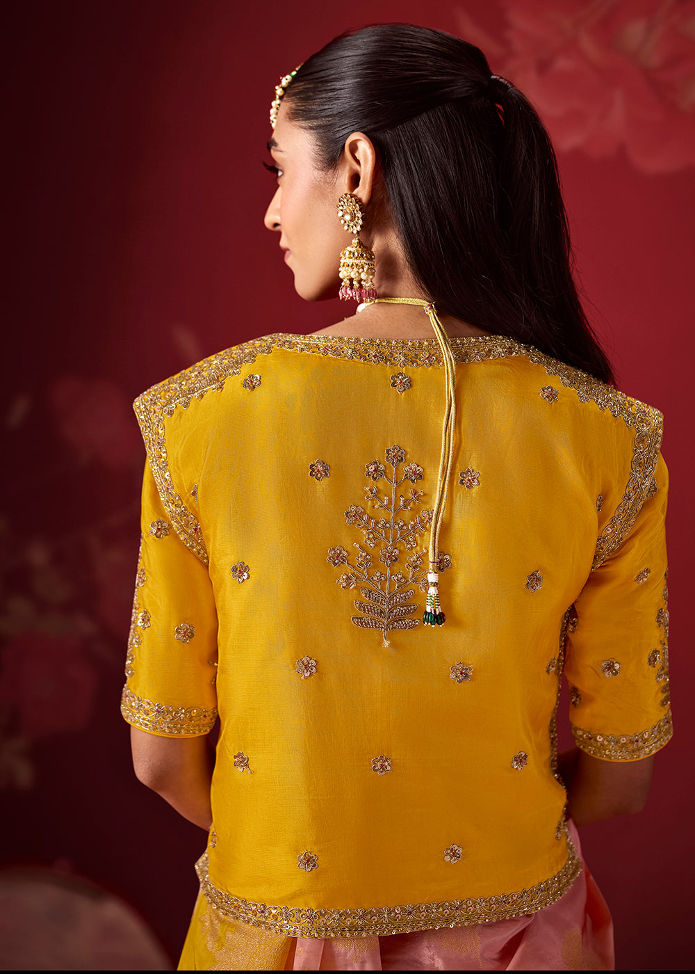 Buy Now Rich Yellow &amp; Pink Dola Crape Silk Festive Designer Saree Online in US, UK, Canada, France, Germany, Denmark, Sweden, Austria &amp; Worldwide at Empress.