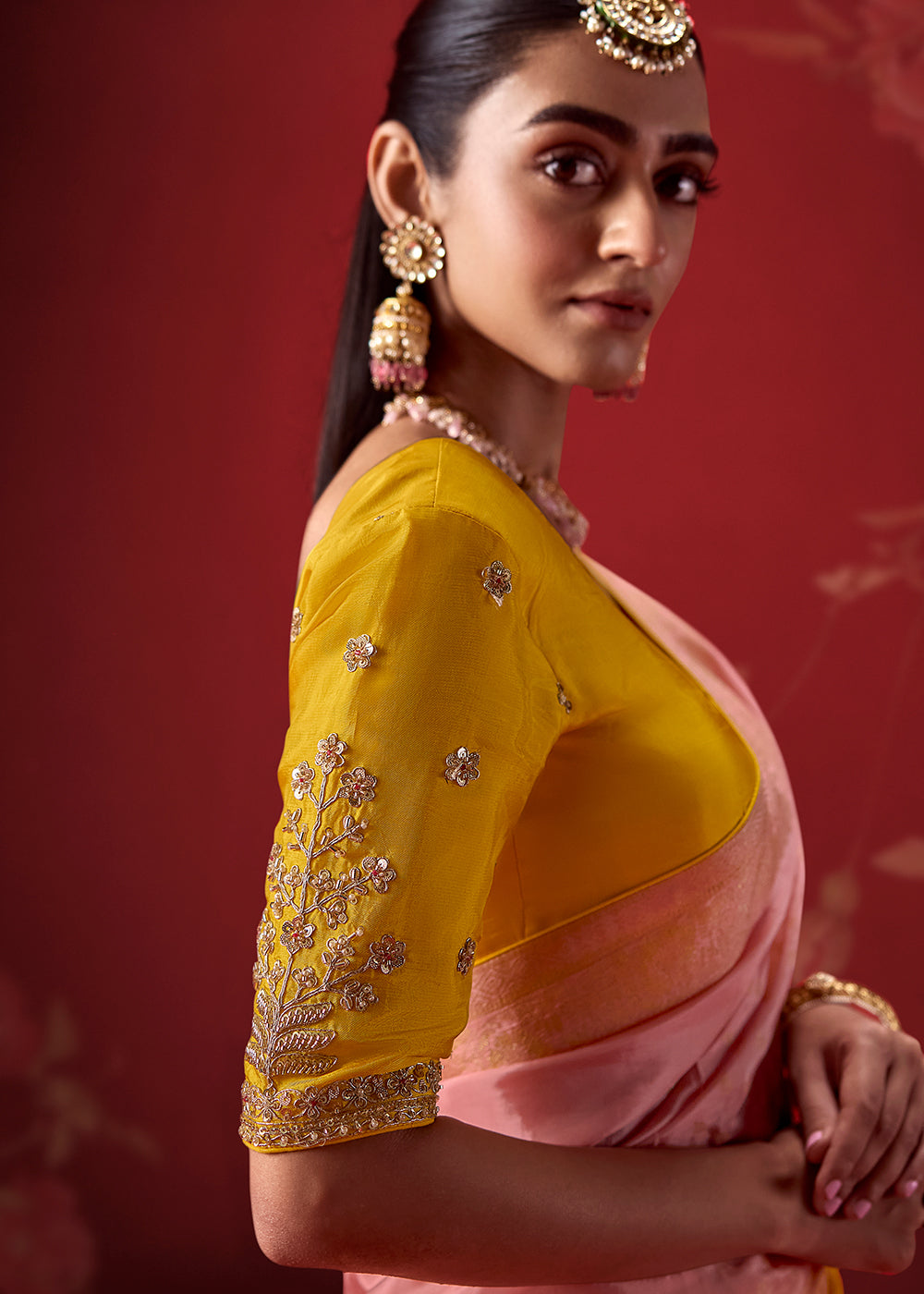 Buy Now Rich Yellow &amp; Pink Dola Crape Silk Festive Designer Saree Online in US, UK, Canada, France, Germany, Denmark, Sweden, Austria &amp; Worldwide at Empress.
