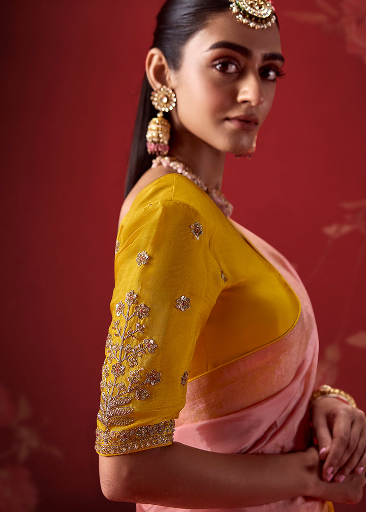 Buy Now Rich Yellow &amp; Pink Dola Crape Silk Festive Designer Saree Online in US, UK, Canada, France, Germany, Denmark, Sweden, Austria &amp; Worldwide at Empress.