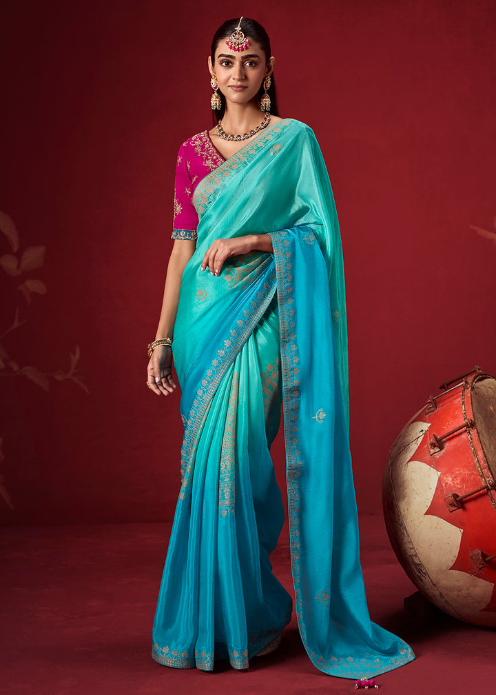 Buy Now Rich Shaded Sea Blue Dola Crape Silk Festive Designer Saree Online in US, UK, Canada, France, Germany, Denmark, Sweden, Austria &amp; Worldwide at Empress.